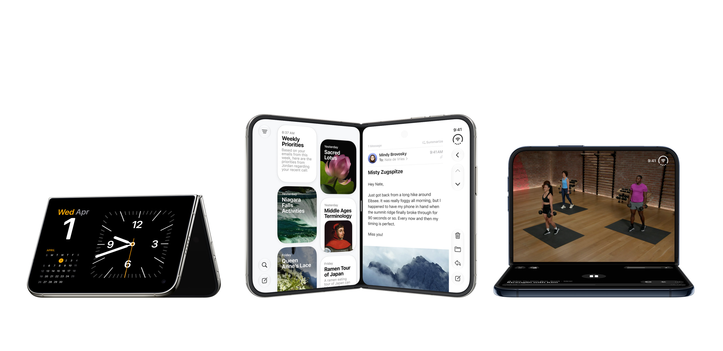 iPhone Duo shown in tent mode, open with two apps and half open for a video
